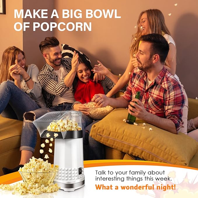 Popcorn Maker Machine 1200W, 4.5-Quart Air Popper Popcorn Maker, 2-Minute Oil-Free Hot Air Popcorn Popper, Easy Clean, No Unpopped Kernels, Healthy Family Snack