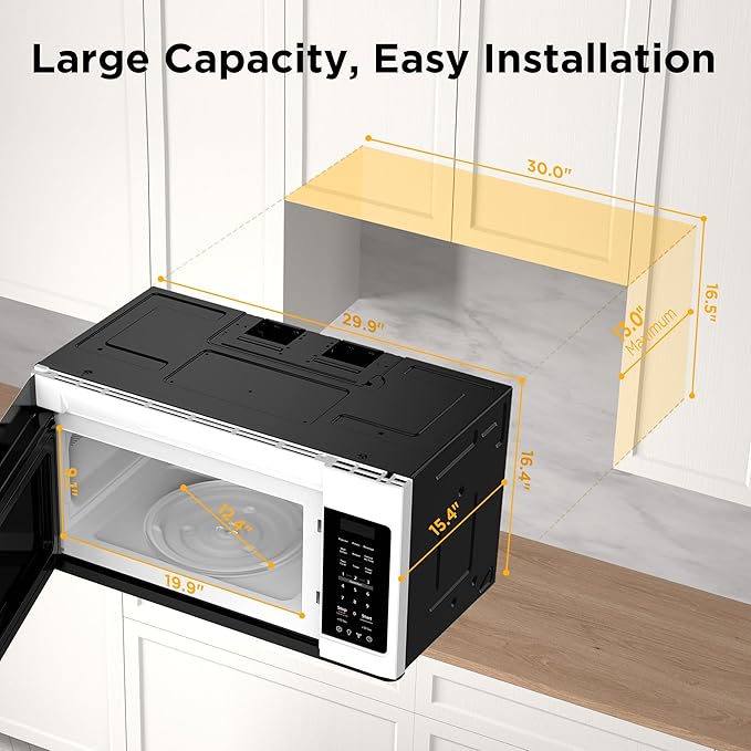 BLACK+DECKER Over the Range Microwave Oven with Vent and One-Touch Auto Cooking, 1.7 cu. ft. OTR Over Stove Microwave, White, 1000 Watts, EM044K6CF-WH