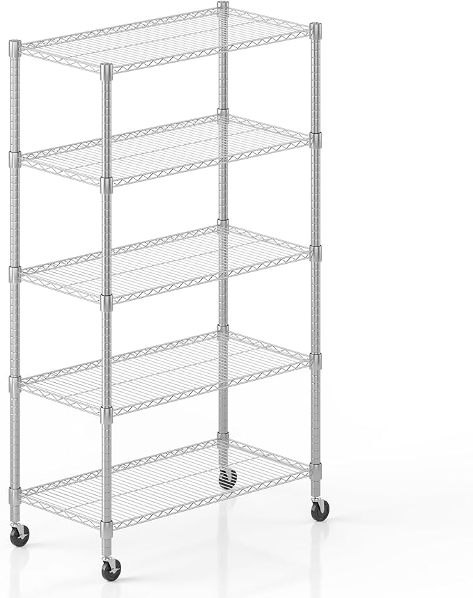 Himimi 5-Tier Heavy Duty Steel Wire Rack Storage Shelving, Adjustable Metal Storage Shelves with Wheels, 82''H Wire Shelf for Kitchen Garage Basement Pantry Organization, 18" D×36" W×82" H-Silver