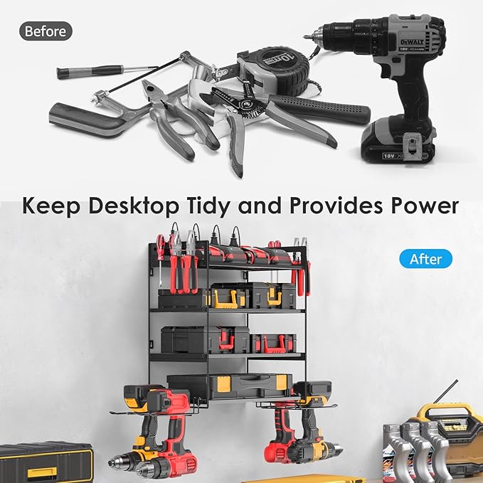 CCCEI Garage Tools Storage with Charging Station. Power Tool Battery Organizer Utility Shelf with Power Strip. 4 Drills Holder Wall Mount Rack, Black 4 Layer.