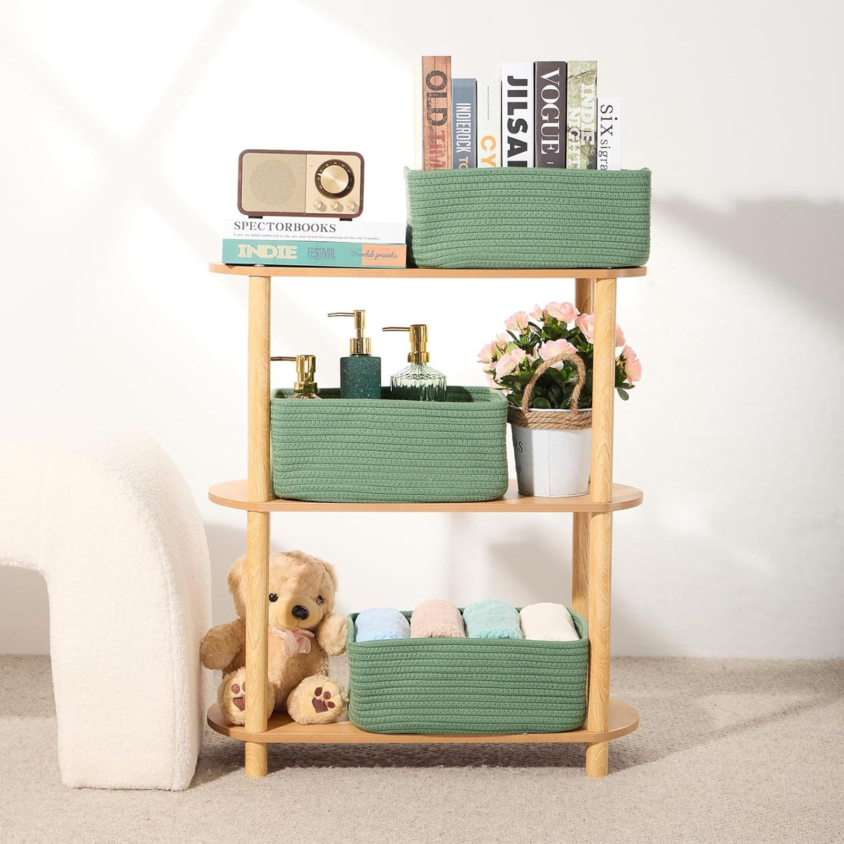 Small Storage Baskets for Organizing | Closet Organizer Bins | Shelf Toy Basket | Woven Rope Baskets | Cube Decorative Box | Shallow Basket | 13x8.5x5.1” | 4 Packs Green