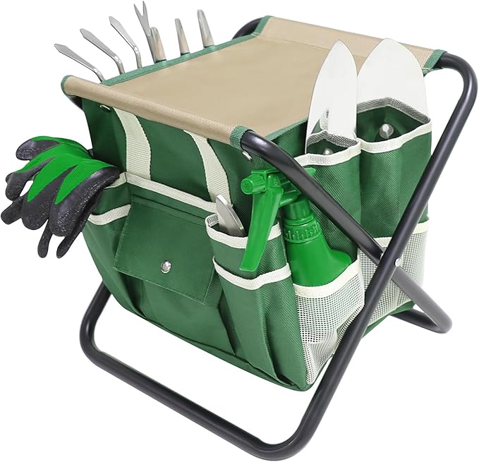 Garden Tool Set, 10 Piece Kit with Heavy Duty Folding Stool, Detachable Storage Tote Bag, Stainless Steel Tools, Gifts for Women Men Green