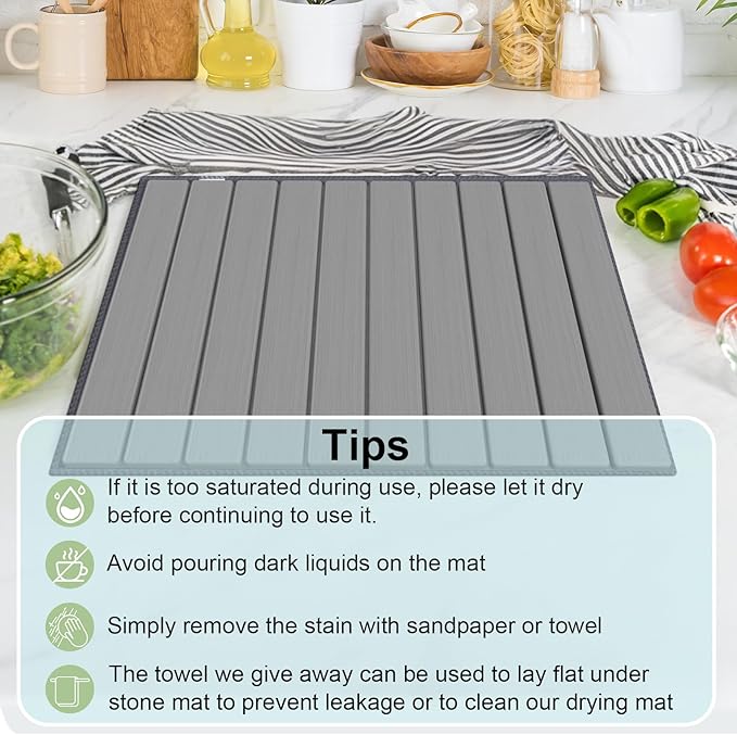 Stone Dish Drying Mat for Kitchen Counter,24"(L)×16"(W) Collapsible Fast-Drying Diatomaceous Earth Mats with Towel Sanding Tool,Versatile Stone Drying Mats for Cups Dishes Bottles