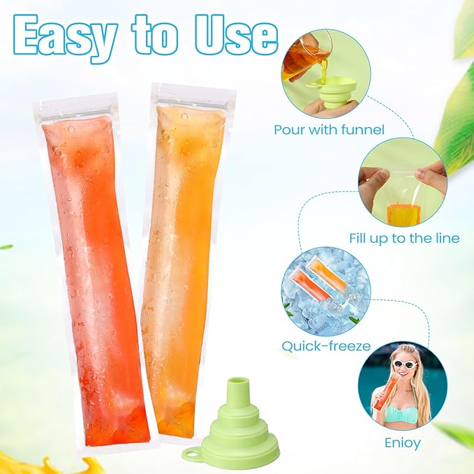 Hoolerry 450 Pcs Disposable Ice Mold Bags with 1 Silicone Funnel Freezer Tubes with Zip Seals Candy Ice Mold Yogurt Tubes Pouch for Snack Juice Fruit Smoothies Party Favor (2.8 x 11.8 Inch)