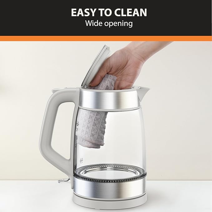 KRUPS Electric Kettle, 1.8-Qt (1.7L) Tea Kettle, 1500W with LED indicator, Hot Water Boiler, Auto Shut-off, Rapid 80-Second Cup Boiling, Safe Boil-dry Protection, Water Heater, Glass Carafe, Grey