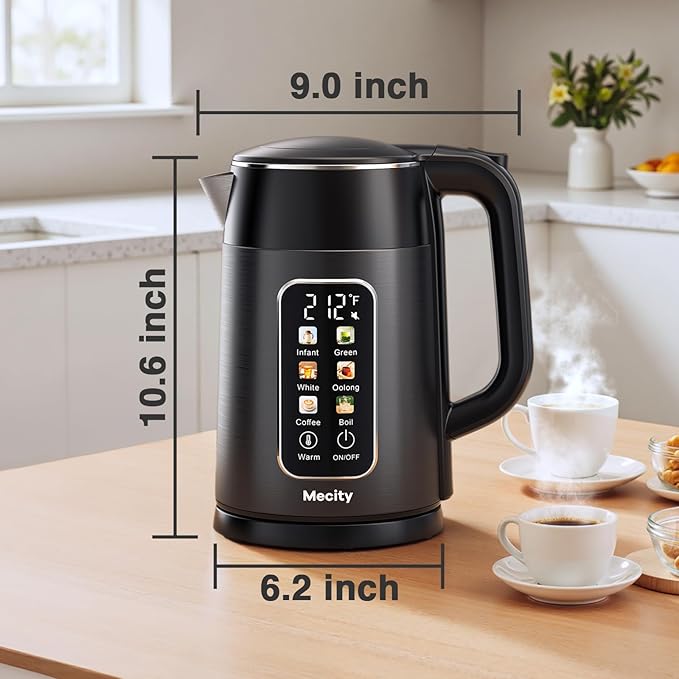 Mecity Electric Kettle 1.7L Touch Screen Temperature Control Water Boiler, No Plastic Contact with Water. 6 Preset Temperature Programs, 2 Hours Keep Warm, Auto Shut Off, Dark Grey