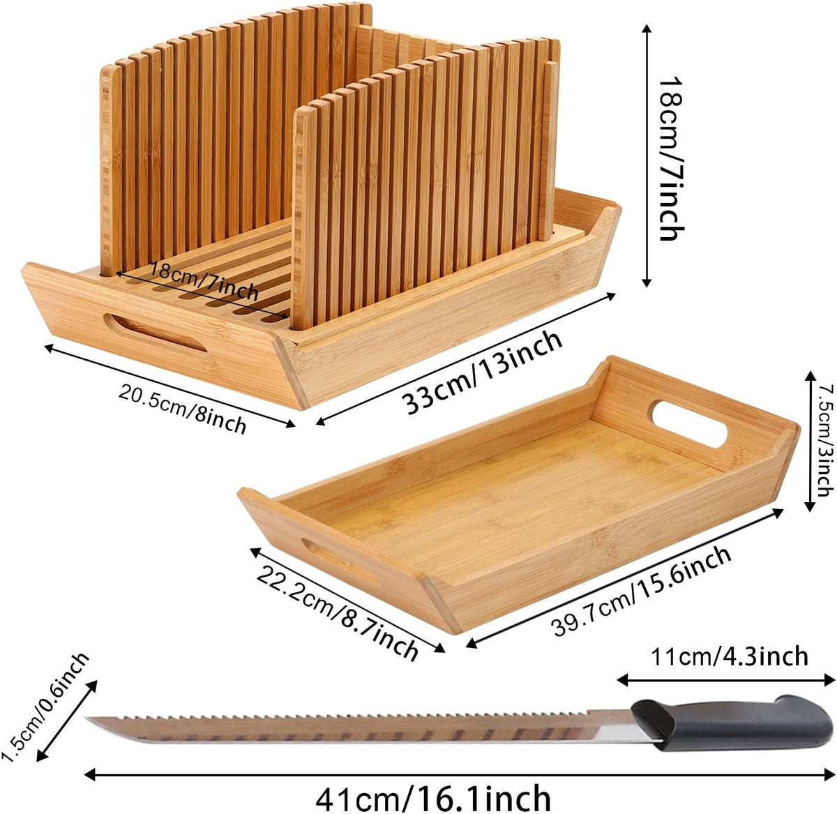 Bread Slicer for Homemade Bread, Bamboo Loaf Cutter with Knife and Crumb Catcher, Adjustable Foldable and Compact Cutting Guide 3 Size Slicing Guide