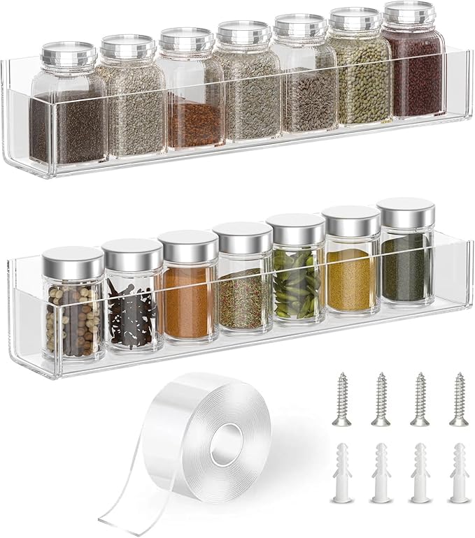 PMMASTO Adhesive Acrylic Spice Rack Organizer for Wall with Nano Double Sided Tape, Spice Shelf Organization for Kitchen Cabinet Door/Pantry Door, Wall Mount Seasoning Rack (Clear-2 Pack)