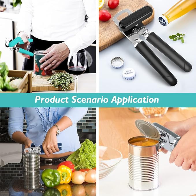 10 Colors Can Opener Manual Handheld Heavy Duty Hand Can Opener Smooth Edge Stainless Steel Can Openers Top Lid Kitchen Gadgets, Best Large Rated Easy Turn Knob, with Bottle Opener, Gray