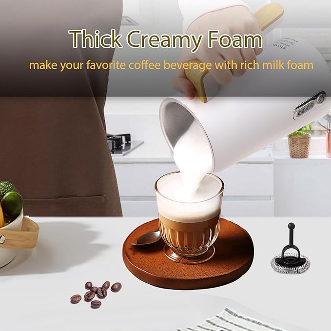 Electric Milk Frother and Steamer, 4-in-1 Milk Steamer with Wood Elements Design, Automatic Hot & Cold Foam Maker for Latte, Cappuccinos, Macchiato, Milk Warmer, Black (white)