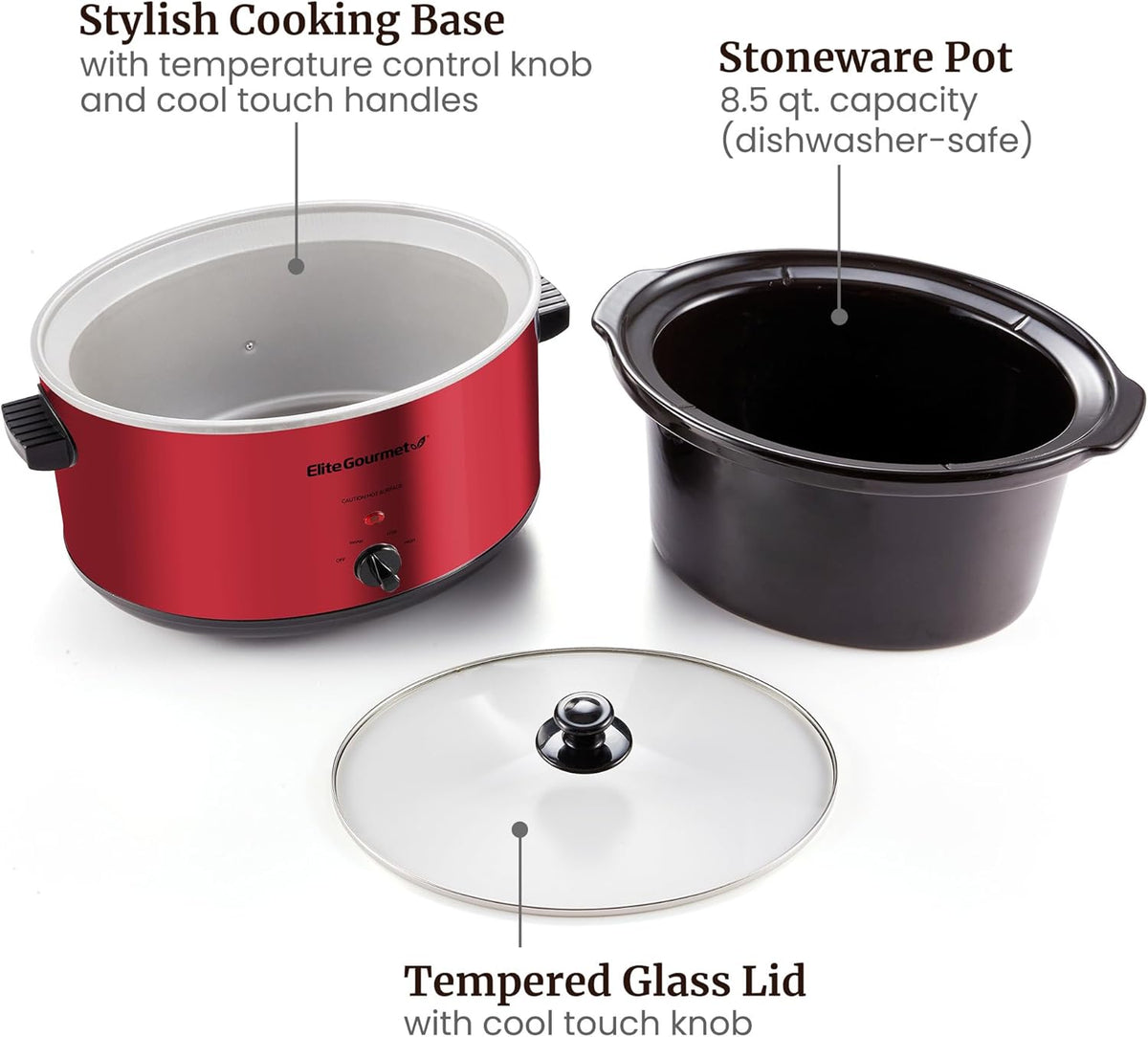 Elite Gourmet MST-900RXT# Electric Ceramic XL Jumbo Slow Cooker, Adjustable Temp, Entrees, Sauces, Stews & Dips, Dishwasher Safe Glass Lid & Crock, 8.5Qt, MetallicRed