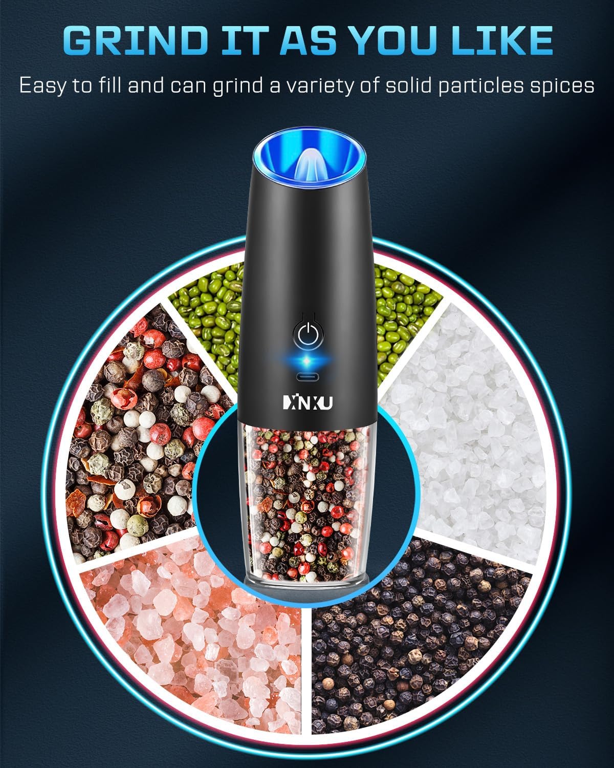 XinXu RECHARGEABLE Pepper and Salt Grinder Set,Automatic Pepper Mill,USB Rechargeable,Adjustable Coarseness,One-handed Operation,Ceramic Burr,Refillable,Auto Grinders Shakers LED Light,Black