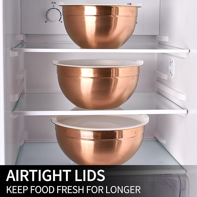 Rose Gold Mixing Bowls with Lids Set of 7, Stainless Steel Nesting Bowl with Khaki Lid for Non-slip Mixing Prepping Storing Serving, 7 Sizes-7/3.6/2.7/2.1/1.5/1/0.8 QT