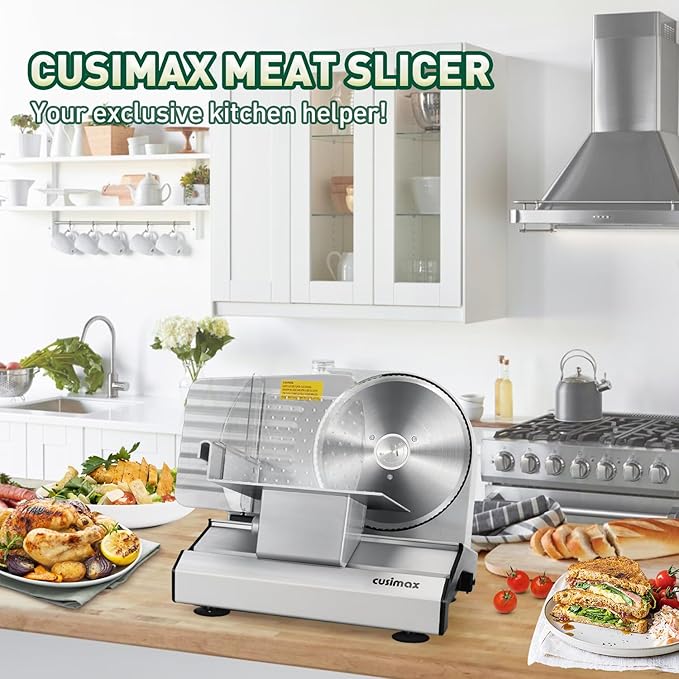 CUSIMAX Electric Meat Slicer for Home,Two 7.5''Stainless Steel Blades,1-20mm Adjustable Thickness,Easy to Cut Various Foods,Removable Food Carriage for Easy Cleaning