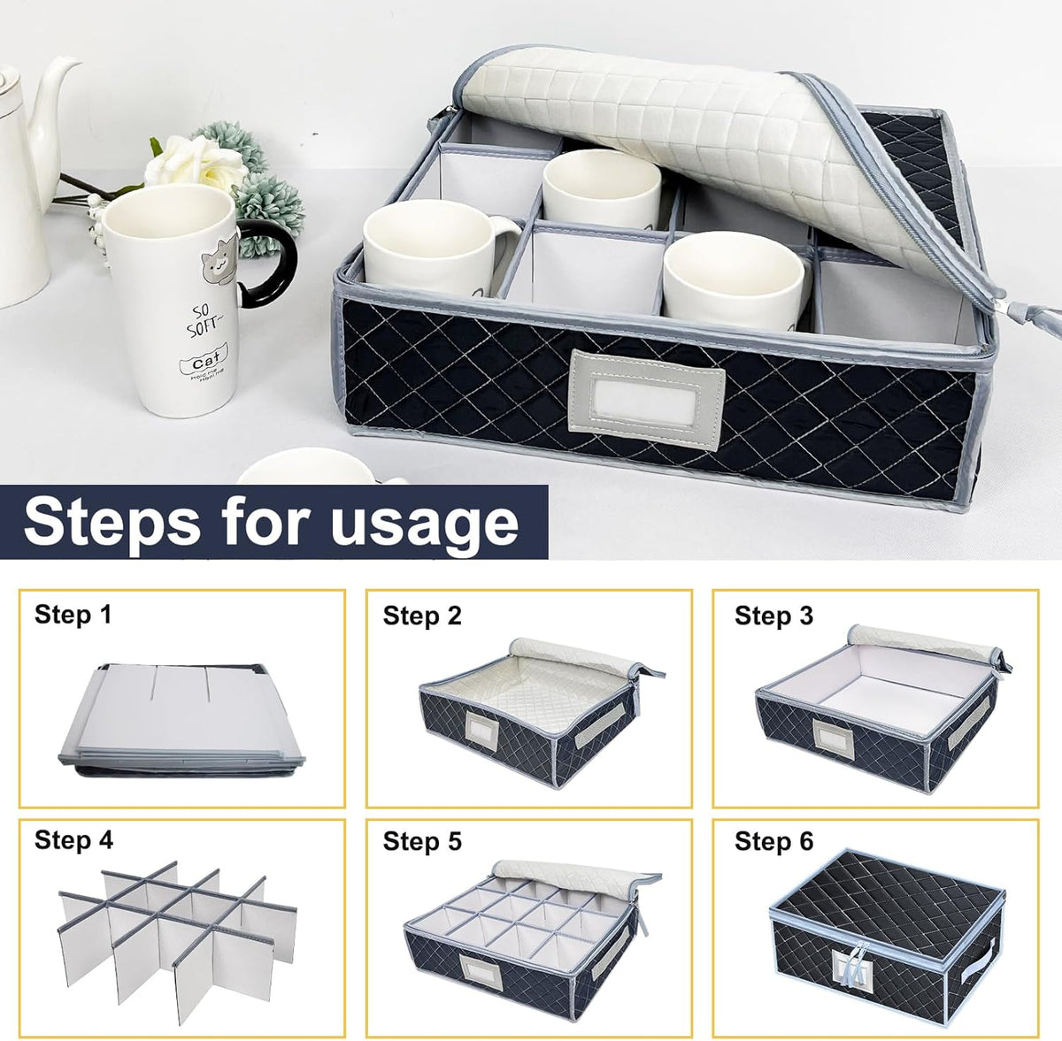 Wine Glass and Mug Storage Box with Dividers - 2 Pack China Storage Containers Set Holds 24 Glassware , Stemware,Coffee Mug and Tea Cup, Organizer Bin with Sturdy Metal Zipper,Label and Handles (Grey)