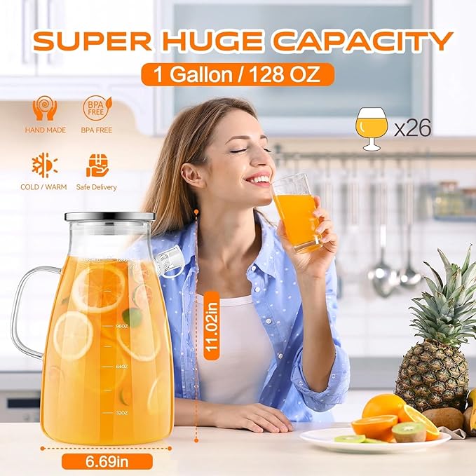 1 Gallon 128oz Glass Pitcher, Water Pitcher with Full Seal Lid and Spout, Glass Carafe for Hot/Cold Water, Large Jug for Juice and Homemade Beverage