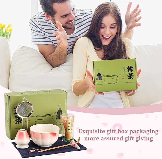 Matcha Whisk Set, 7-Pack Peach Pink Matcha Set - Include Petal Matcha Bowl with Spout, Bamboo Whisk, Chasen Holder, Sifter, Scoop, Tea Towel, Scoop Rest - Perfect Matcha Making Kit for Tea Lover