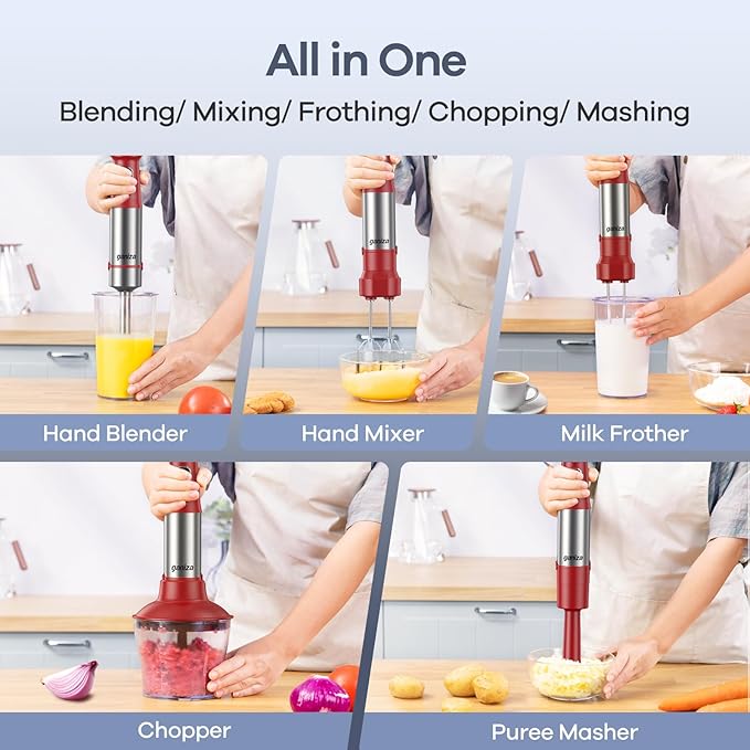 Ganiza Immersion Blender Handheld, 6 in 1 Hand Blender Stainless Steel Blade, 15 Speed Stick Blenders, 800ml Mixing Beaker, 600ml Chopper, Whisk, Frother, Potato Masher, Red