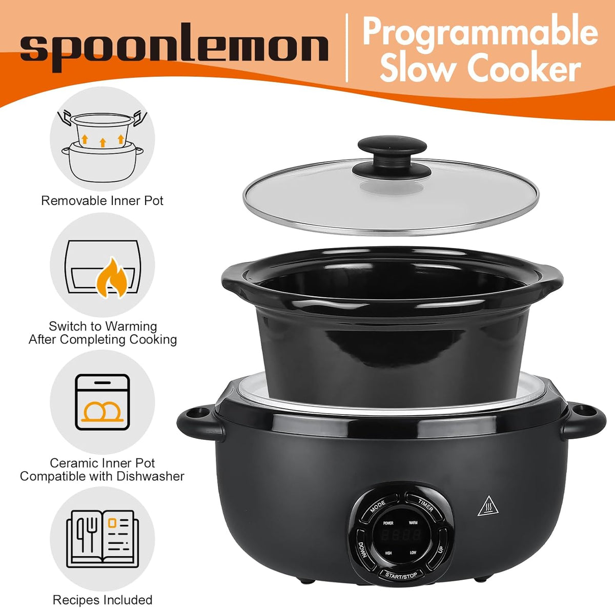 7-Quart Programmable Slow Cooker with Nonstick Removable Ceramic Pot, 3 Temp Settings, Dishwasher Safe