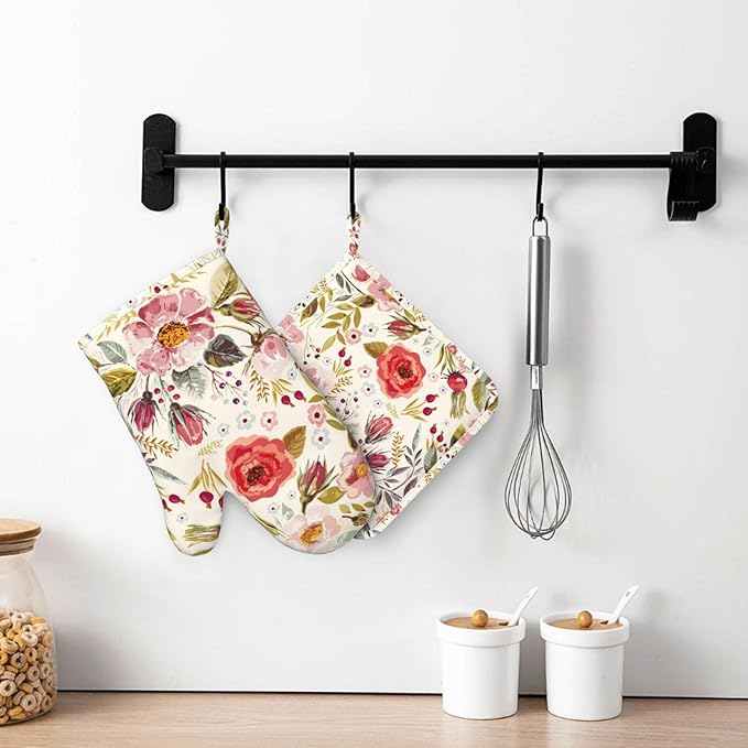 Wildflowers Floral Oven Mitts Pot Holders Set Silicone Heat Resistant Botanical Floral Oven Mitts and Hot Pads Potholders Non-Slip Oven Gloves for Cooking Baking Grilling BBQ