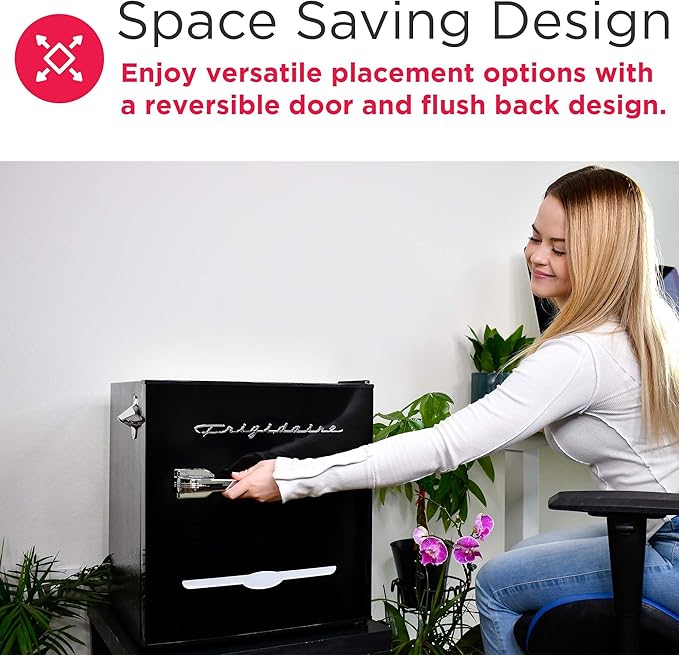 FRIGIDAIRE Black Retro Mini Refrigerator-Energy Saving-Adjustable Thermostat Control-Side Mounted Bottle Opener-Ideal for Dorm, Office, RV, Garage, Apartment 1.6 Cubic Feet