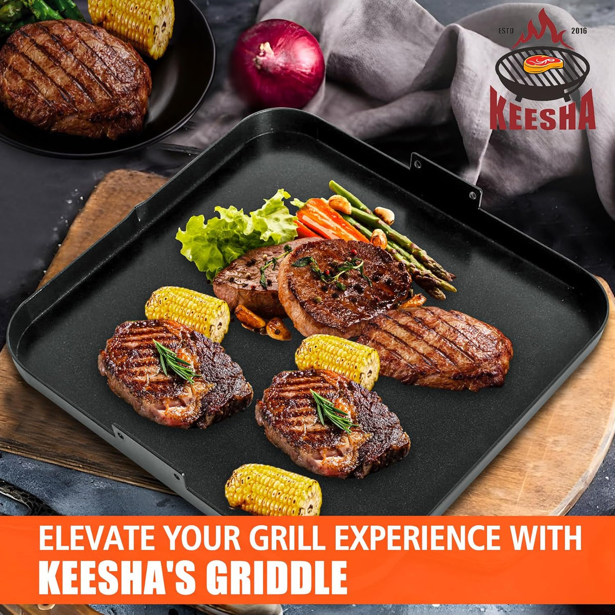 KEESHA 19.5" x 19.5" Premium Nonstick Carbon Steel Griddle with 2 Handles for for Recteq Pellet RT-590 RT-680 RT-700 Electric Pellet Smoker Grill, Taller Edges for Grilling and Stir-Frying