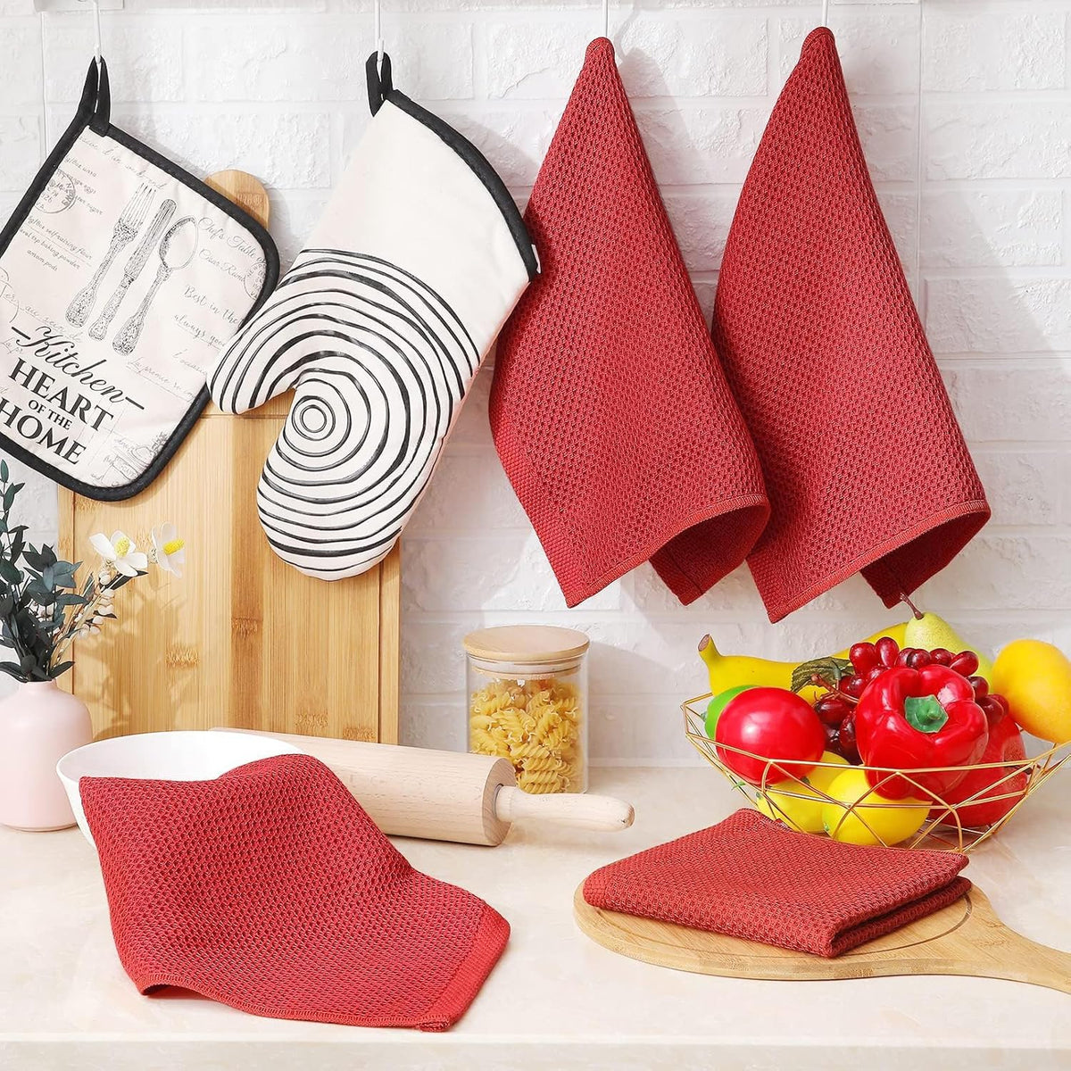 Homaxy 100% Cotton Waffle Weave Kitchen Dish Cloths, Ultra Soft Absorbent Quick Drying Dish Towels, 12 x 12 Inches, 6-Pack, Brick Red