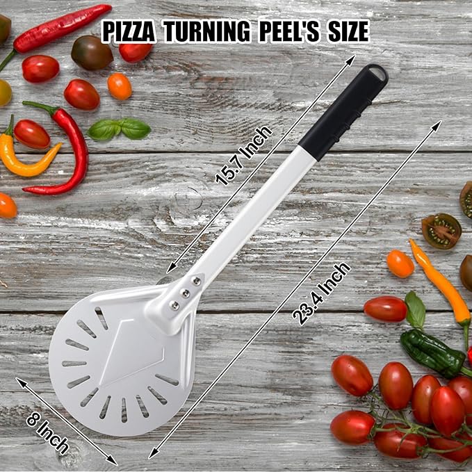 Pizza Turning Peel 8 Inch Round Anodized Aluminum Perforated Pizza Peel Turner With Metal Handle Pizza Paddle Spinner For Outdoor Pizza Oven Accessories