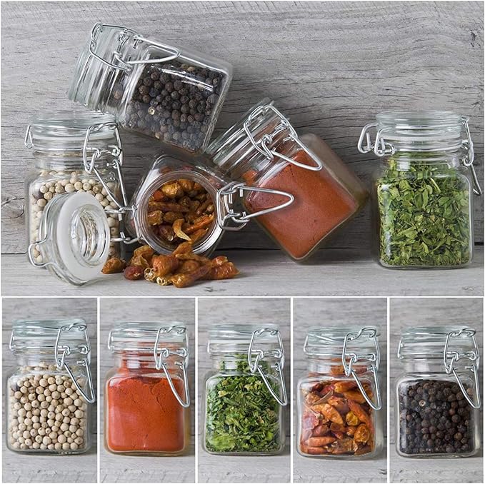 SPANLA Spice Jars, 12 Pack 4oz Small Glass Jars with Airtight Hinged Lid, With 12 Spice Labels & Silicone Funnels, Airtight Glass Jars for Spices, Art Craft Storage (12 Pack)