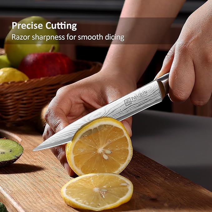 PAUDIN Utility Knife, 5 Inch Chef Knife, Ultra Sharp High Carbon Stainless Steel, Multipurpose Paring Knife for Fruit and Vegetable Cutting with Wooden Handle, Premium Gift Box