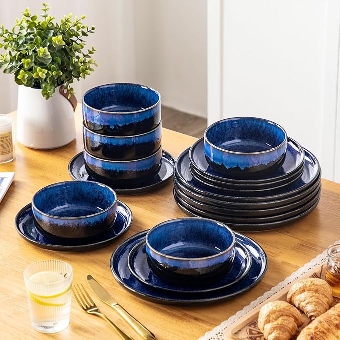 vancasso Starry 18 Pieces Dinnerware Sets for 6, Blue Reactive Glaze Dishes Sets, Ceramic Plates and Bowls Set, Dinner Salad Dessert Plates, and Cereal Bowls Set, Dishwasher and Microwave Safe
