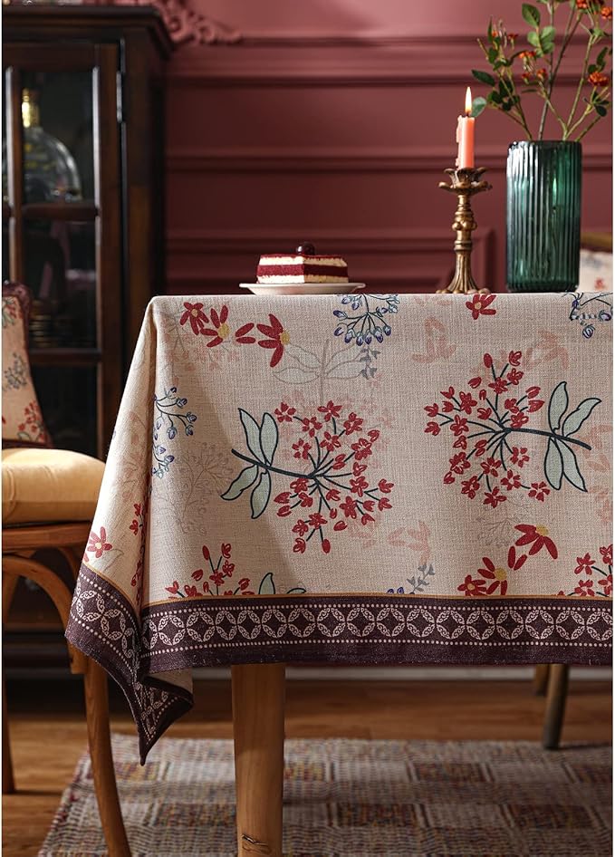 patdrea Designer Linen French Long Rectangular Table Cloth,Vintage Red Floral Fall Tablecloths,Breathable Table Cover for Kitchen Dining,Tea Party,Christmas,Thanksgiving,Holiday,63"x94"-Newmari