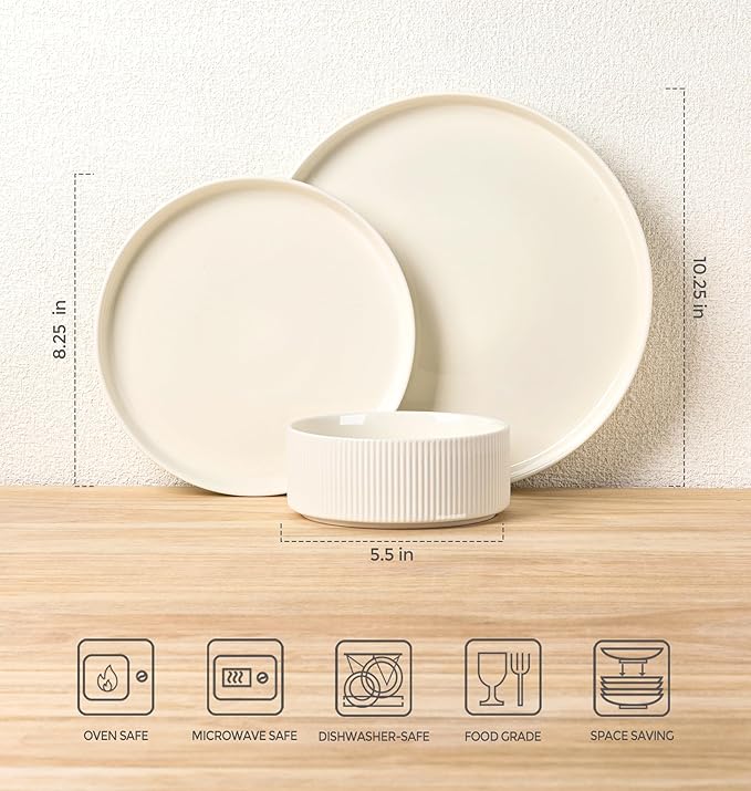 TheTerra Ceramic Dinnerware Sets for 8, 24 Pieces Porcelain Lightweight Plates and Bowls Sets, Scratch Resistant Dish Set, Oven & Microwave & Dishwasher Safe, Beige
