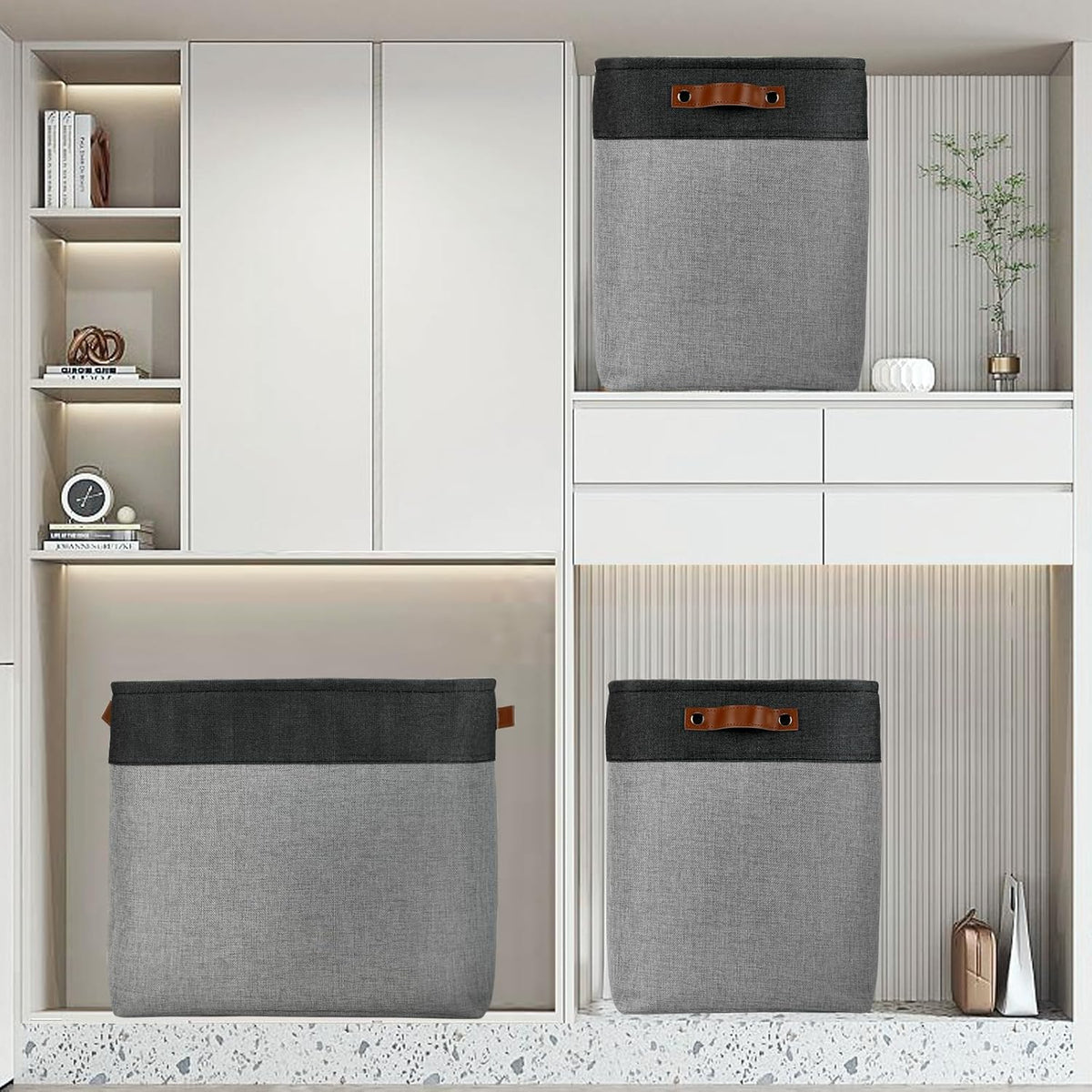 DULLEMELO Grey Storage Baskets for Organizing 3 Pack Fabric Shelf Baskets for Gifts Empty Large Storage Organizer for Closet,Clothes,Toys,Bedroom (Black&Grey)