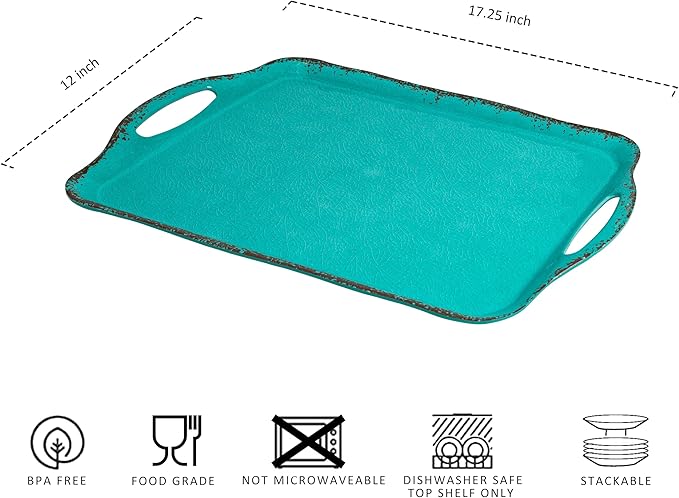 LEHAHA Large Farmhouse Melamine Serving Platters, Serving Tray with Handle for Food, Appetizer, Cupcakes, Dessert, Raised Edge Large Party Platter or TV Dinner Trays, 17.25x12 inch, Set of 2, Teal