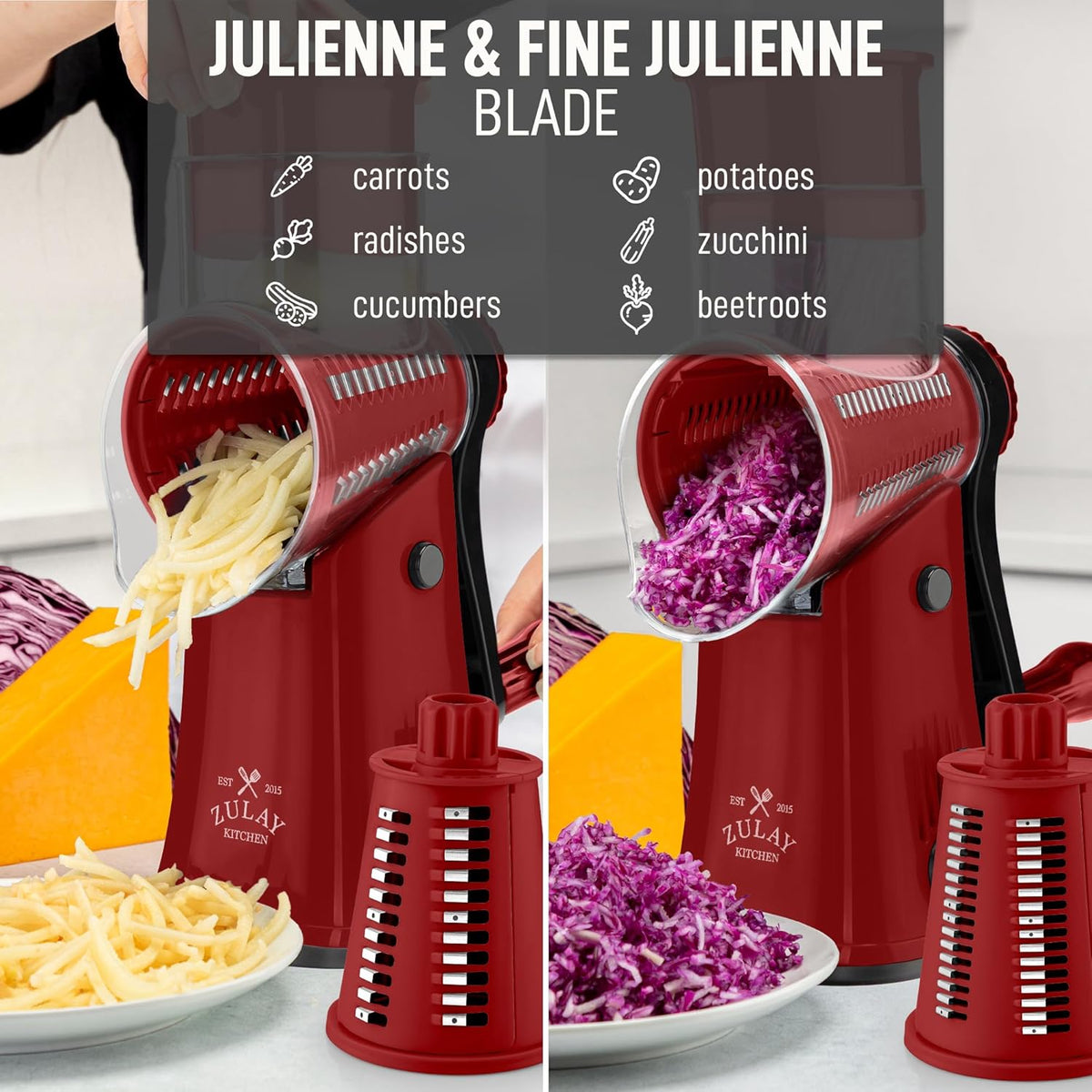 Zulay Kitchen Rotary Cheese Grater 5 Blade Cheese Shredder - Manual Hand Crank Cheese Grater With Reinforced Suction & 5 Interchangeable Drums - Easy to Use, Vegetable Chopper Round Mandoline Slicer