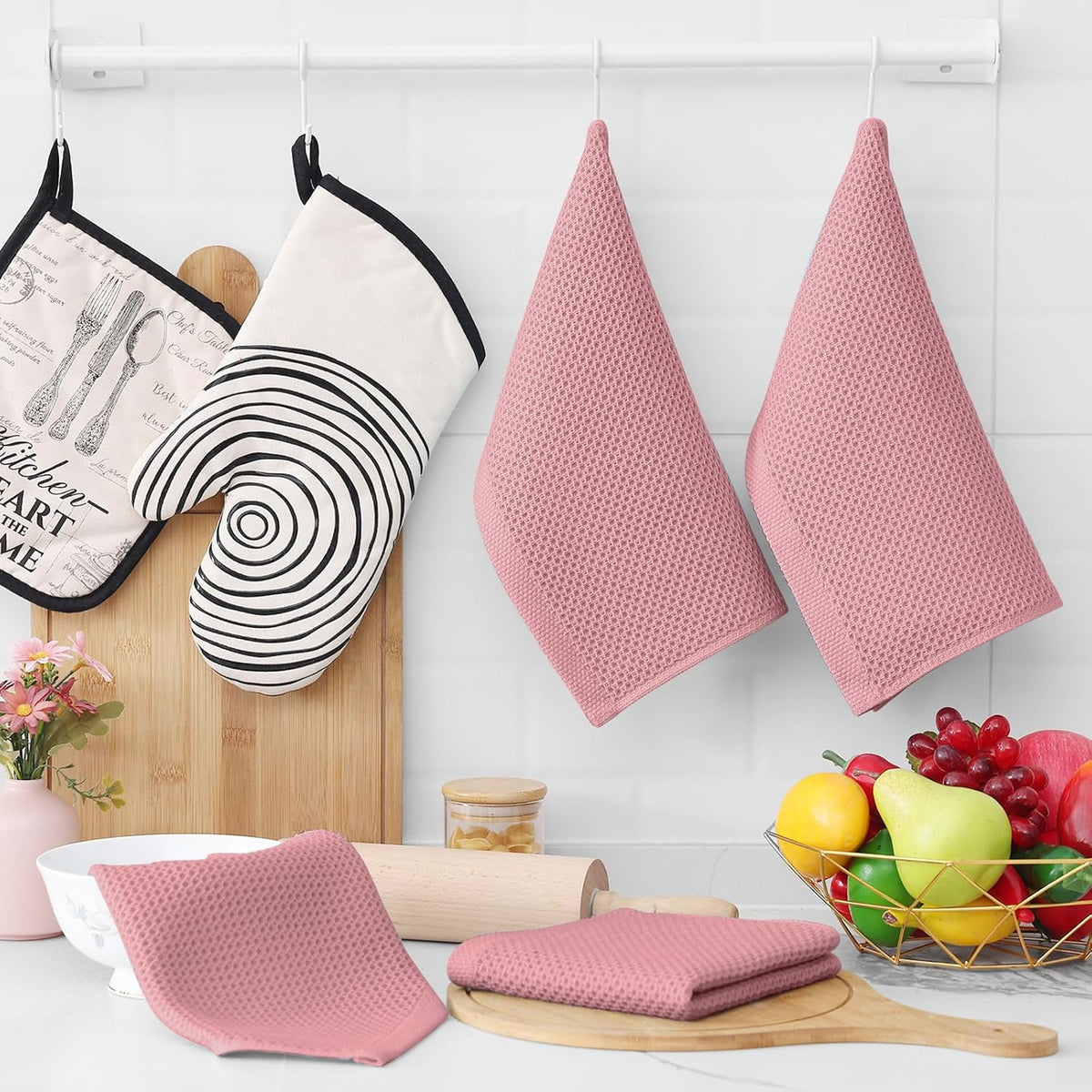 Homaxy 100% Cotton Waffle Weave Kitchen Dish Cloths, Ultra Soft Absorbent Quick Drying Dish Towels, 12 x 12 Inches, 6-Pack, Dried Rose