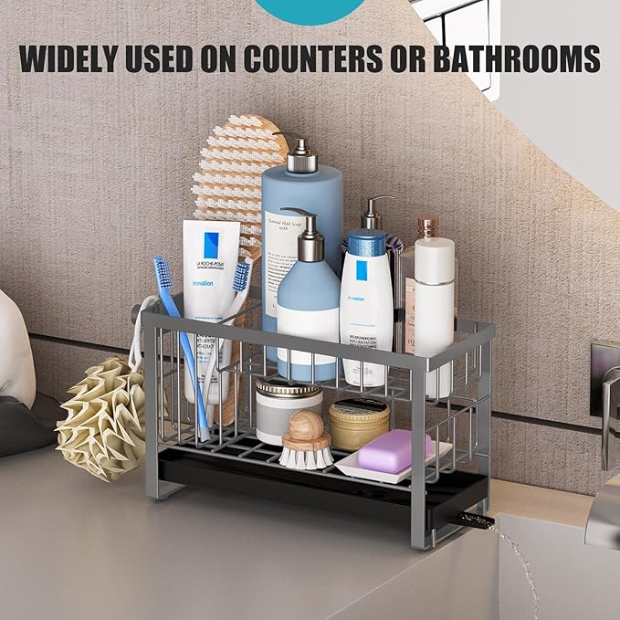 Sponge Holder for Kitchen Sink with Flexible Sink Caddy Smiley Face,2 Tier Kitchen Sink Organizer Countertop and Storage Essentials,Soap Dispenser Organize,Home Decor Accessories-Gray