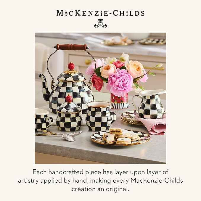 MACKENZIE-CHILDS Enamel Tea Kettle, Stylish Tea Kettle for Stovetop, Black-and-White Courtly Check, 2 Quarts