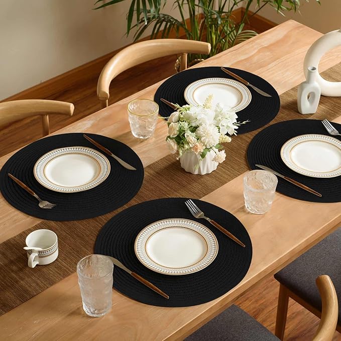 FunWheat Round Braided Placemats Set of 6 Place mats for Dining Tables Woven Heat Resistant Table Mats 15 inch (Black,6pcs)