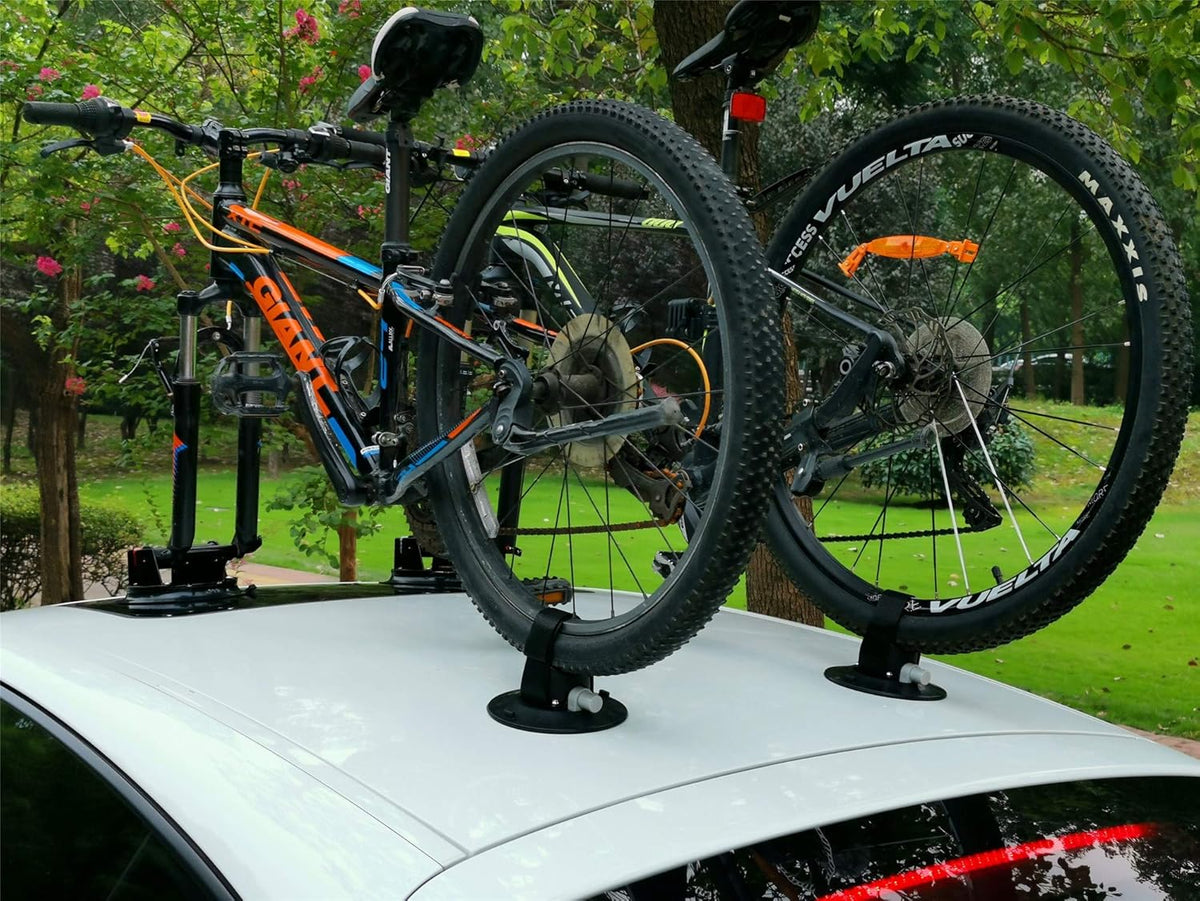 Bike Rack for Car Roof, Vacuum Suction Cup Bicycle Carrier Aluminium Alloy Roof Rack, with 5 Adapters for Most Bikes, 9x100mm/12x100mm/15x100mm/15x110mm/20x100mm/20x110mm (10" Suction Cup)