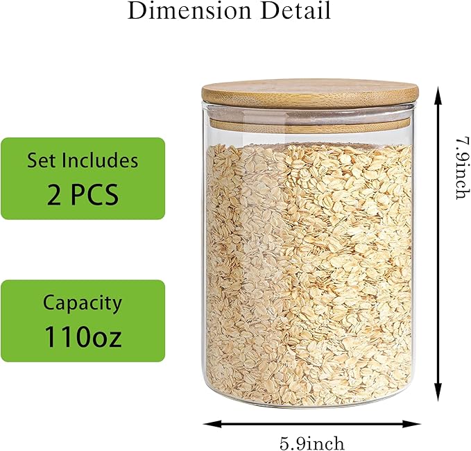Glass Storage Jars Set Elegant Containers with Airtight Bamboo Lids, Perfect for Kitchen Organization - Flour, Rice, Pasta, Sugar, Coffee Beans, Accessories Included (2 packs(111oz))