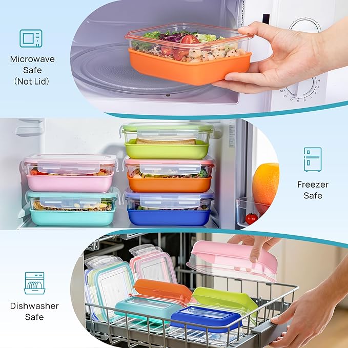 Vtopmart 5 Pack 28oz Glass Food Storage Containers Set with Silicone Sleeve,Glass Meal Prep Containers, Lunch containers with Airtight BPA-Free Plastic Lids, Dishwasher, Microwave, and Freezer Safe