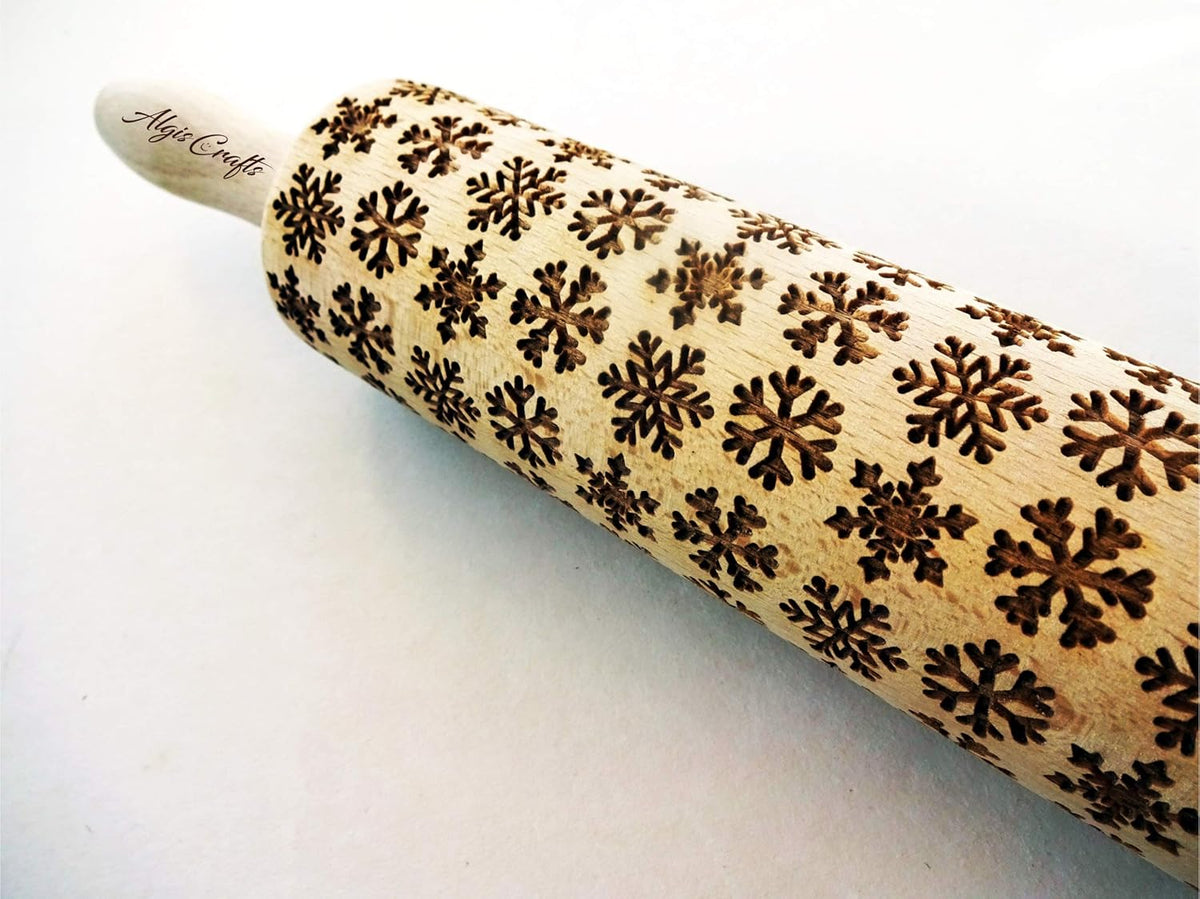 SNOWFLAKES Embossing Rolling Pin Laser Engraved Dough Roller for Christmas Gingerbread