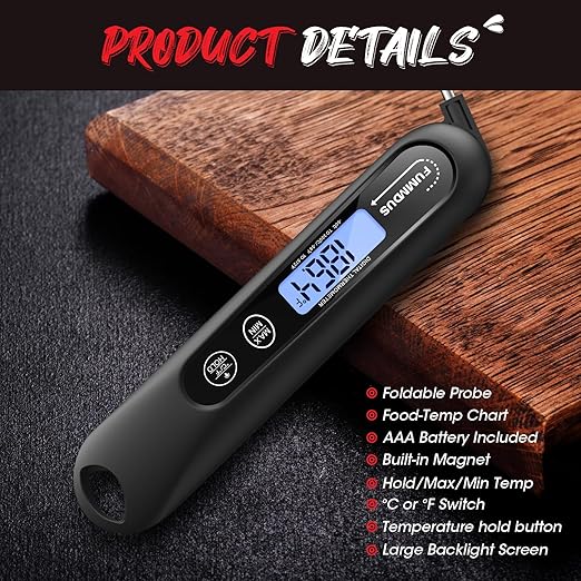 Meat Thermometer Digital, 3S Instant Read Food Thermometer for Cooking with Backlight & Magnet, Foldable Temperature Probe Kitchen Gadgets Essentials for Turkey BBQ Grill Smoker Candy