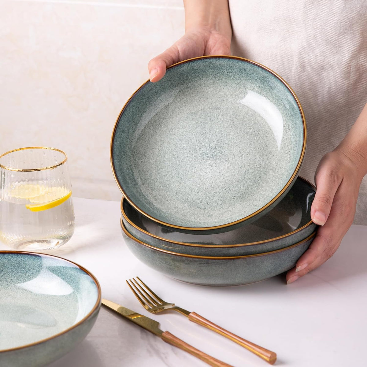 AmorArc 8.5'' Large Pasta Bowls, 36oz Ceramic Pasta Serving Bowls Set of 6 for Kitchen, Wide Bowls for Pasta,Salad,Oatmeal, Microwave Safe, Ocean Blue