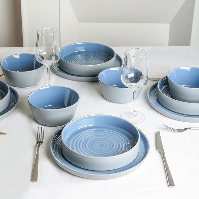 Stone Lain Elica 24-Piece Modern Dinnerware Set Stoneware, Plates and Bowl Sets for 8, Blue and Grey