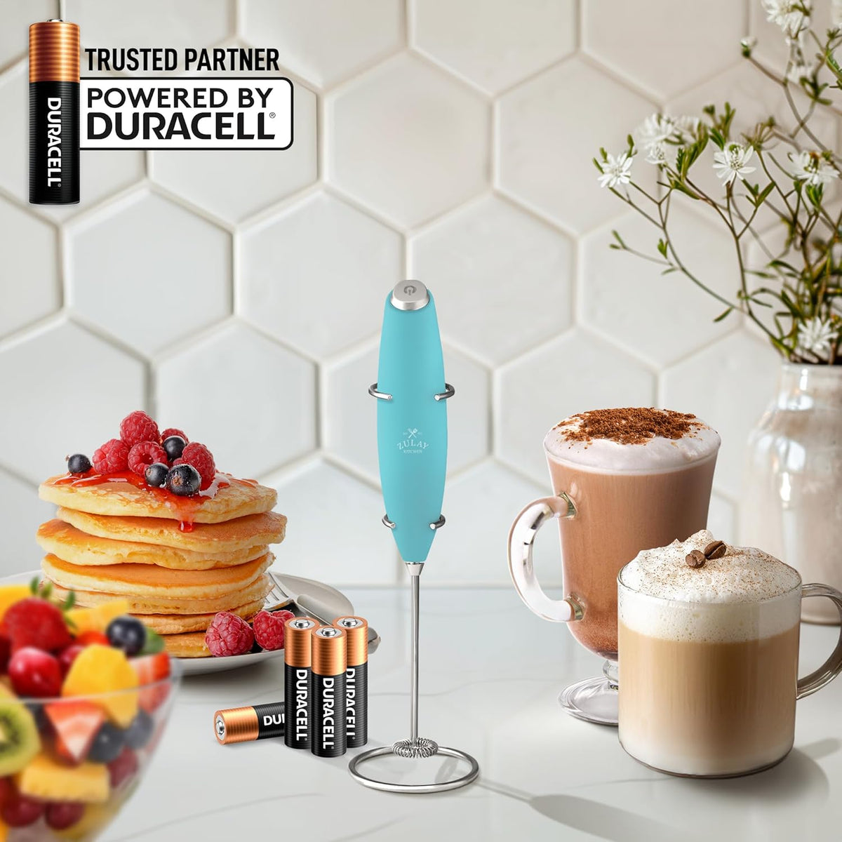 Zulay Kitchen Powerful Milk Frother Wand With 4 AA Duracell Batteries - Ultra Fast Handheld Drink Mixer - Electric Whisk Foam Maker for Coffee, Lattes, Cappuccino, Matcha & Creamer -