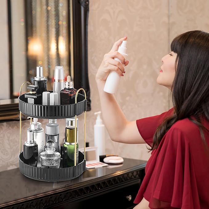 Aveniee 360 Rotating Makeup Organizer for Vanity, Skincare Perfume Organizers, 2 Tiered Bathroom Countertop Storage, Black Cosmetics Lipstick Skin Care Holder for Dresser