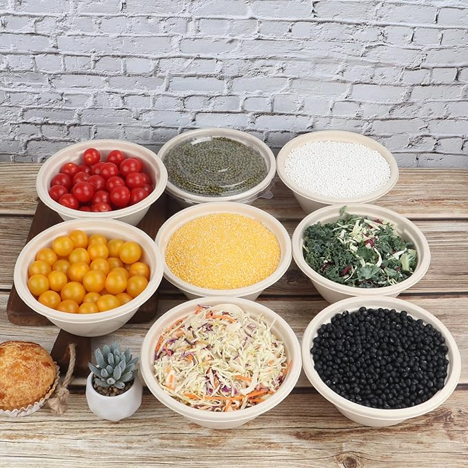 33 oz Disposable salad bowls with lids, Sugarcane Fiber Paper Bowls take away food containers Plant Fibers Freezer Safe 50 Pack